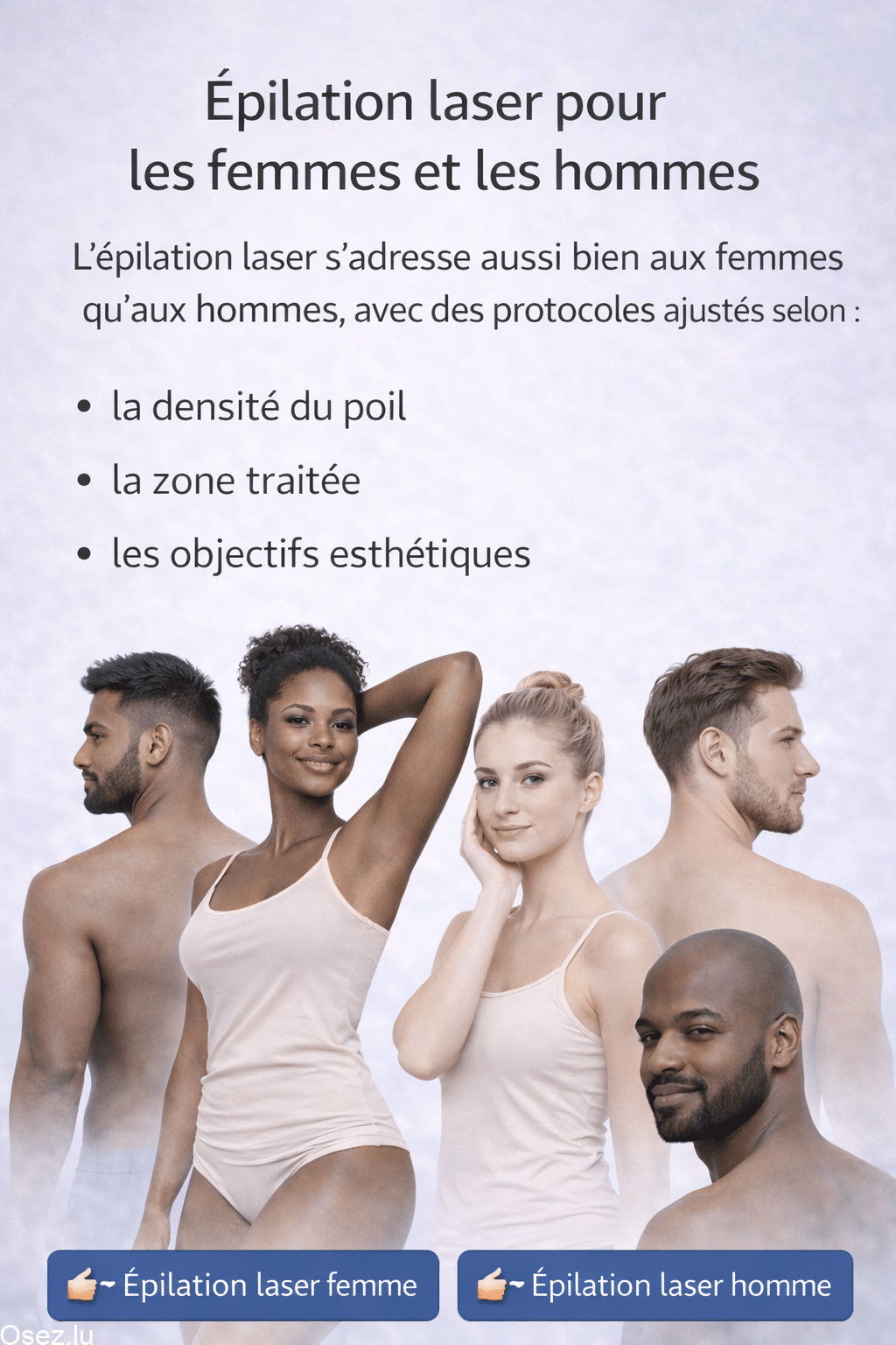 Visuel illustrant l’épilation laser pour les femmes et les hommes, avec des protocoles personnalisés selon la densité du poil, la zone traitée et les objectifs esthétiques.