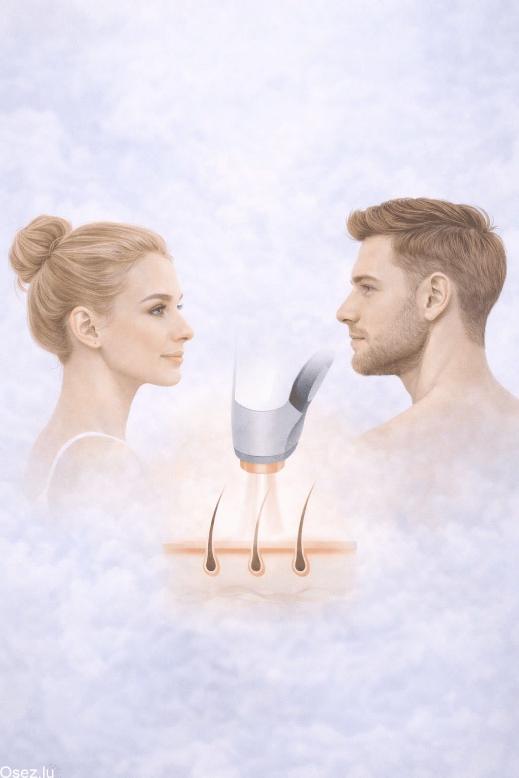 Illustration montrant une femme et un homme aux peaux claires face à face, illustrant une épilation laser adaptée aux peaux claires avec un protocole personnalisé.