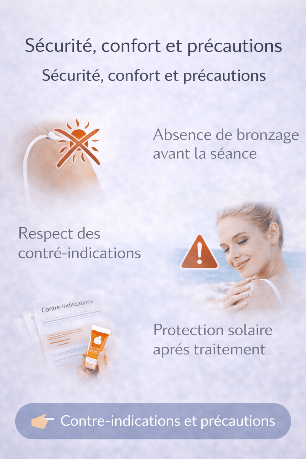 Illustration mettant en avant la sécurité et les précautions liées à l’épilation laser, incluant l’absence de bronzage avant la séance, le respect des contre-indications et la protection solaire après traitement.